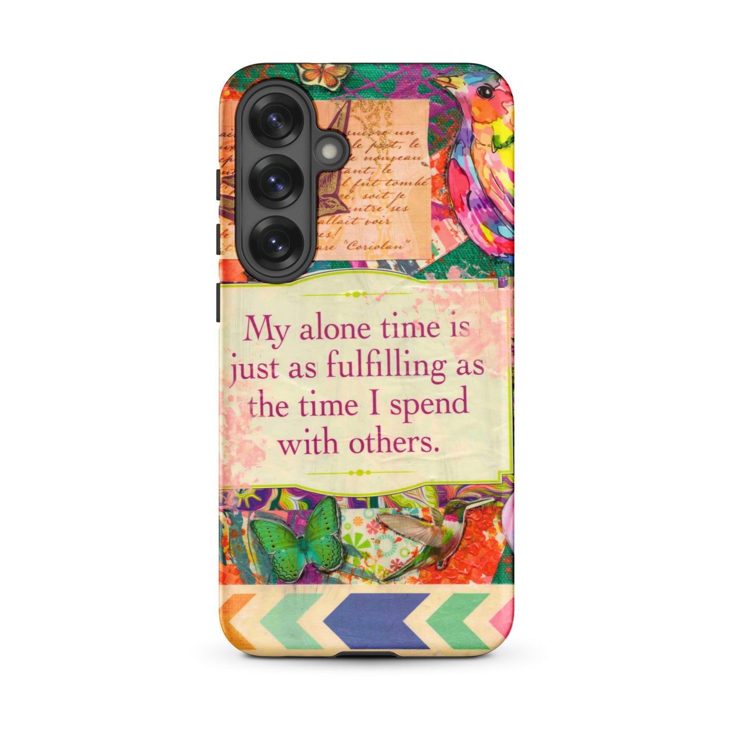 Phone case with colorful design, butterflies, and a quote on a white background