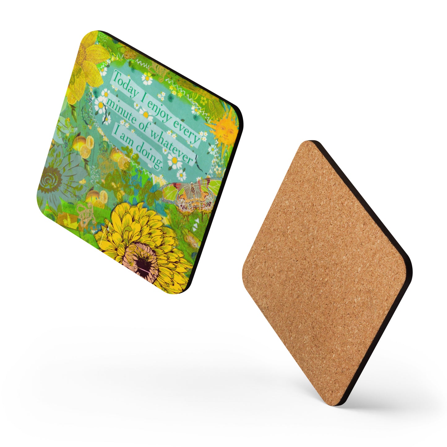 two sides of the Inspirational coaster with bright yellow flowers and a warm sunshine and flowers theme, showing the cork backing.