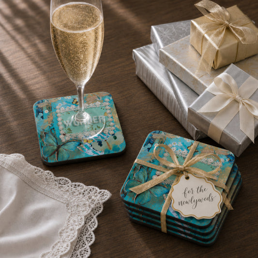 A stack of square teal and gold patterned coasters on a wooden table, with one coaster holding a filled champagne flute. A matching wrapped gift box sits nearby, along with lace fabric and other wrapped presents in the background.