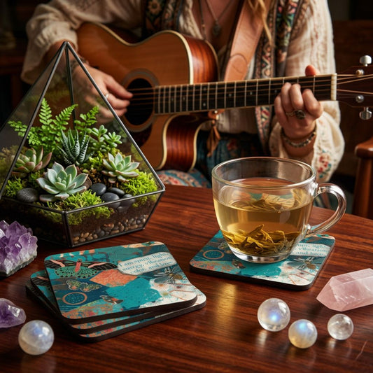 A cozy tabletop scene with a person in the background playing a guitar, a glass terrarium with succulents, a clear mug of tea on a coaster, and stacked coasters on a wooden table.