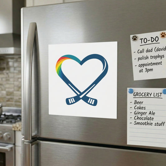 Inclusive hockey logo magnet on refrigerator with shopping and todo list next to it.