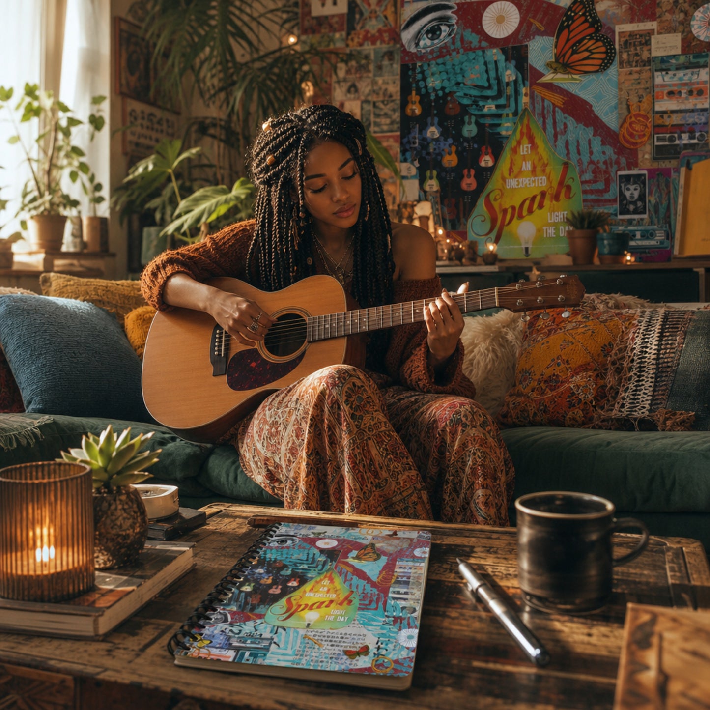 A woman sits on her couch, playing guitar and the mixed media creativity journal is laying on the coffee table nearby.