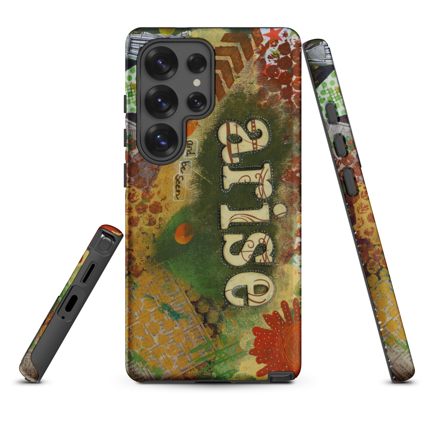 a front, side & bottom view of the bold art phone case with colorful texture and text that says "arise and be seen".