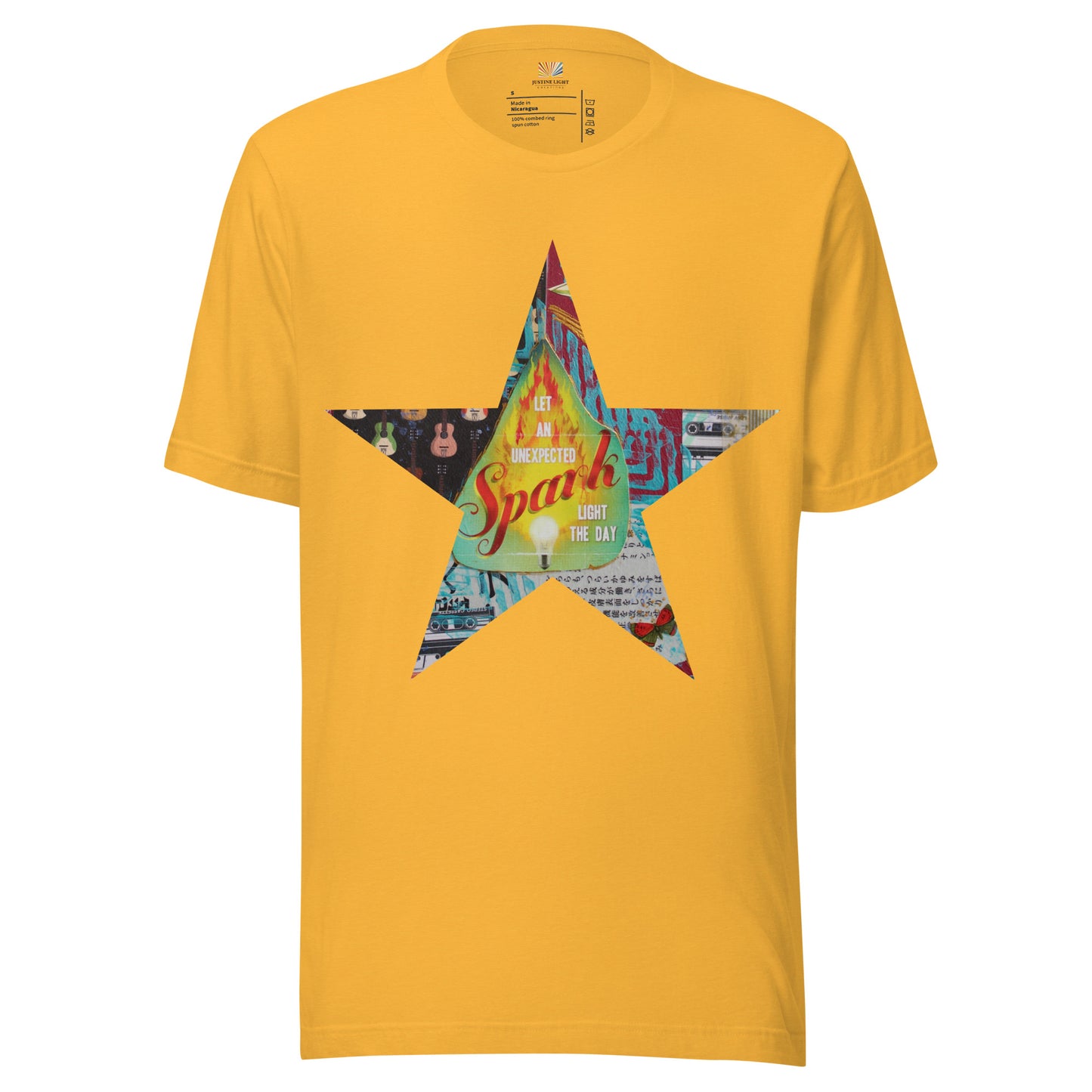 Star tee shirt in heather yellow gold with a colorful mixed-media star design and the words spark of inspiration on a soft unisex t shirt.