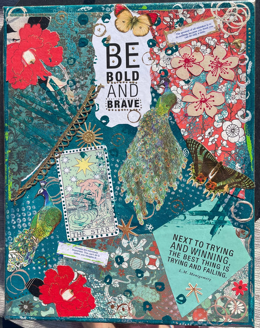 full view of collage art with quotes, red flowers, peacocks, tarot card, layers of color