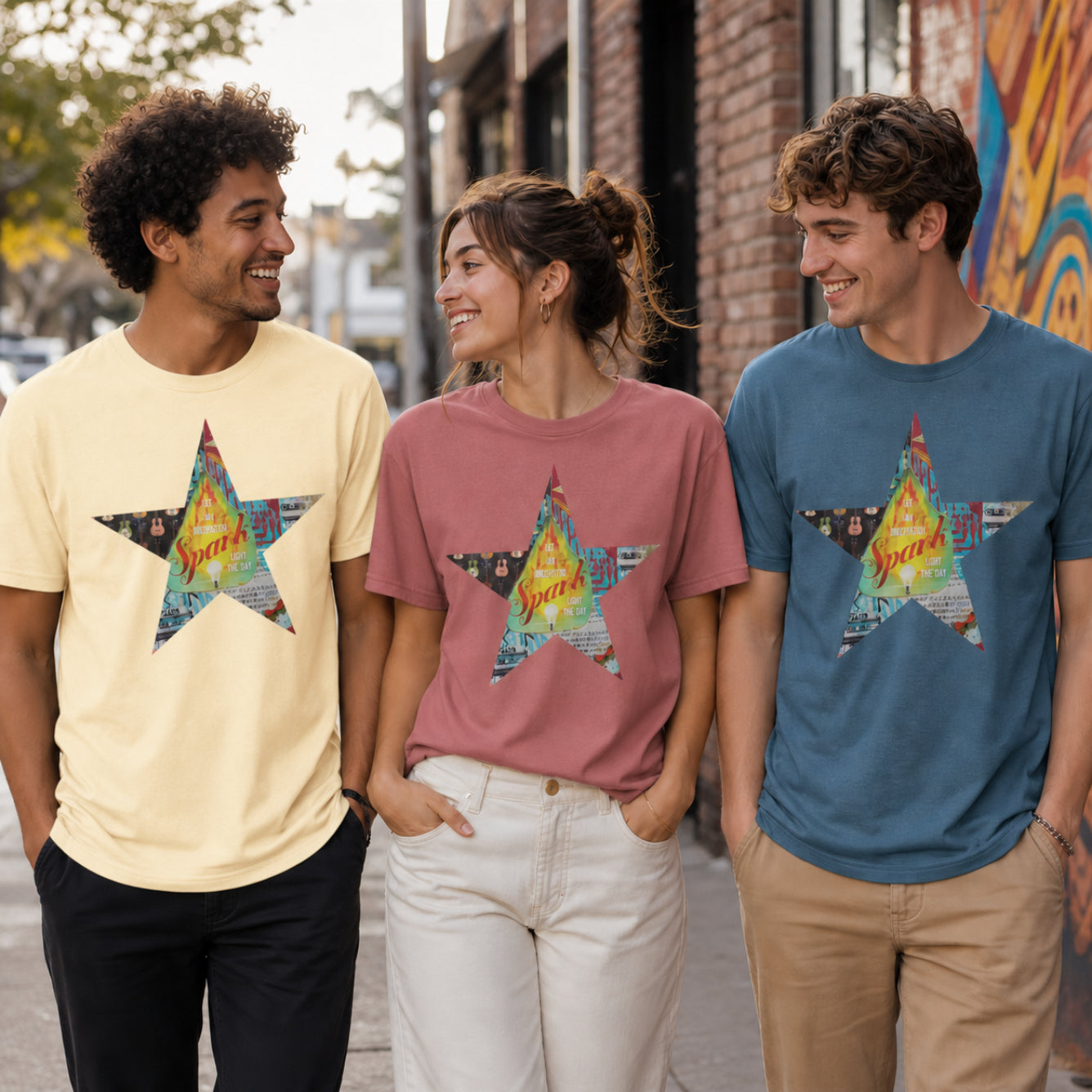 Three models wearing Star tee shirts with a colorful mixed-media star design and the words spark of inspiration on a soft unisex t shirt. The shirts are in pale yellow, dusty rose, and slate blue, shown in an outdoor street setting.