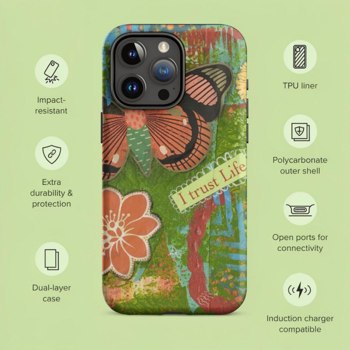 extra information about the butterfly iPhone case- durability and protection, connectivity ports and the material construction.