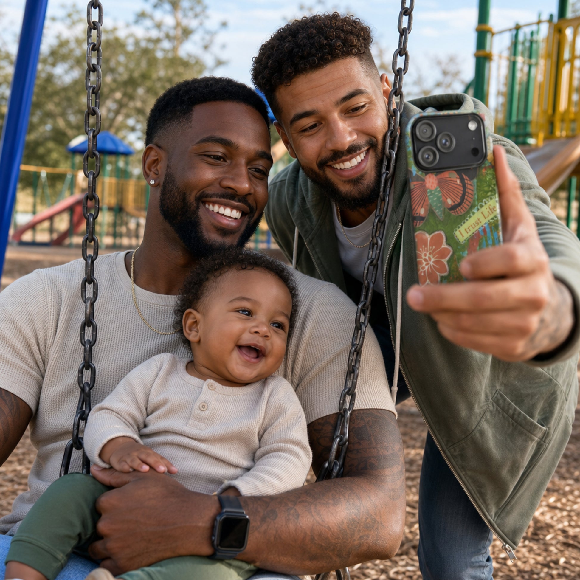 two men and a baby, taking a selfie on a swing with the Butterfly iPhone phone case.