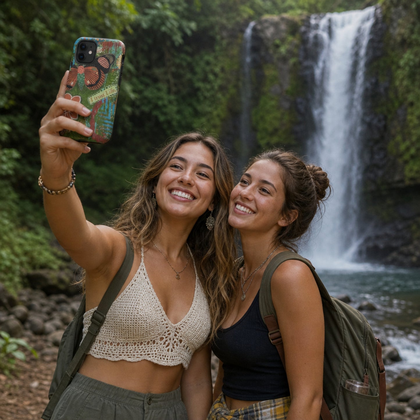 2 women standing in front of a waterfall, taking a selfie with the Artistic butterfly phone case for iPhone.