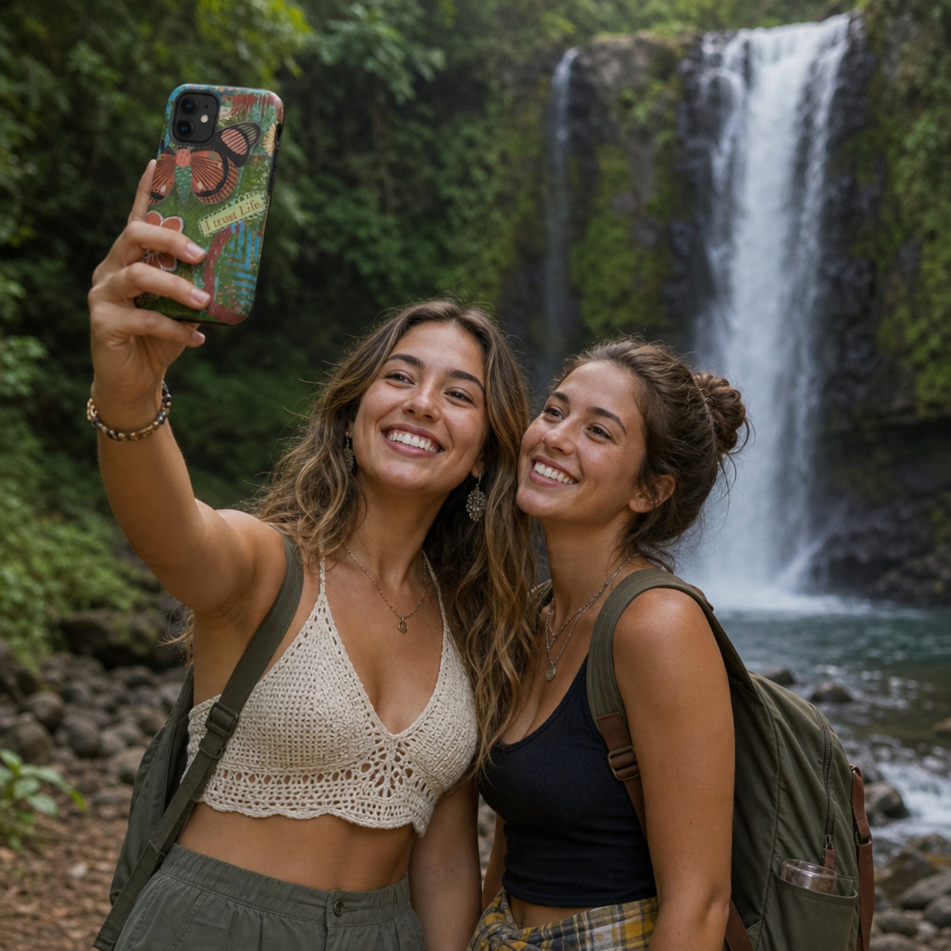 2 women standing in front of a waterfall, taking a selfie with the Artistic butterfly phone case for iPhone.