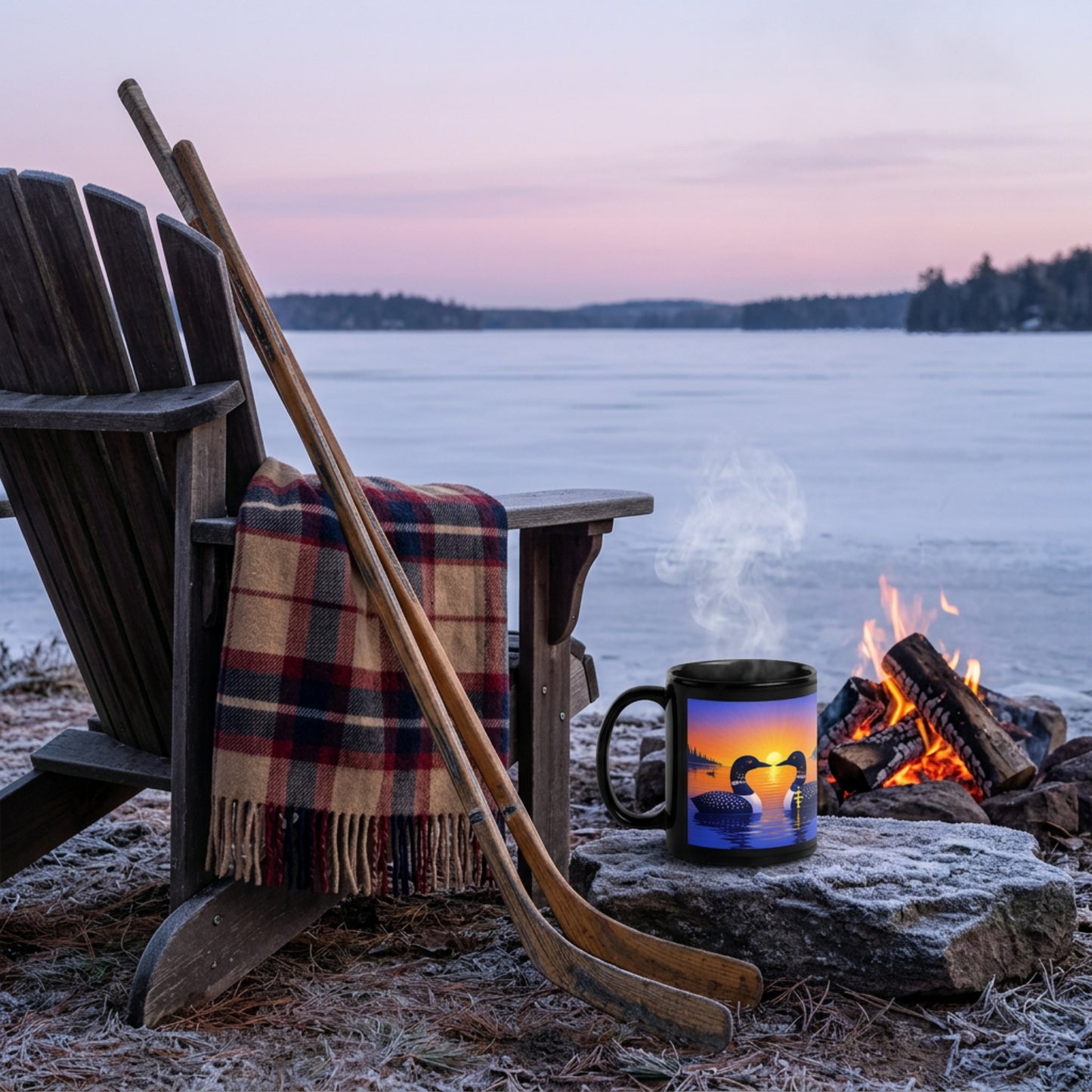 Black Ceramic Coffee Mug – Loon Sunrise Lake Art | 11oz & 15oz | Justine Light Creations