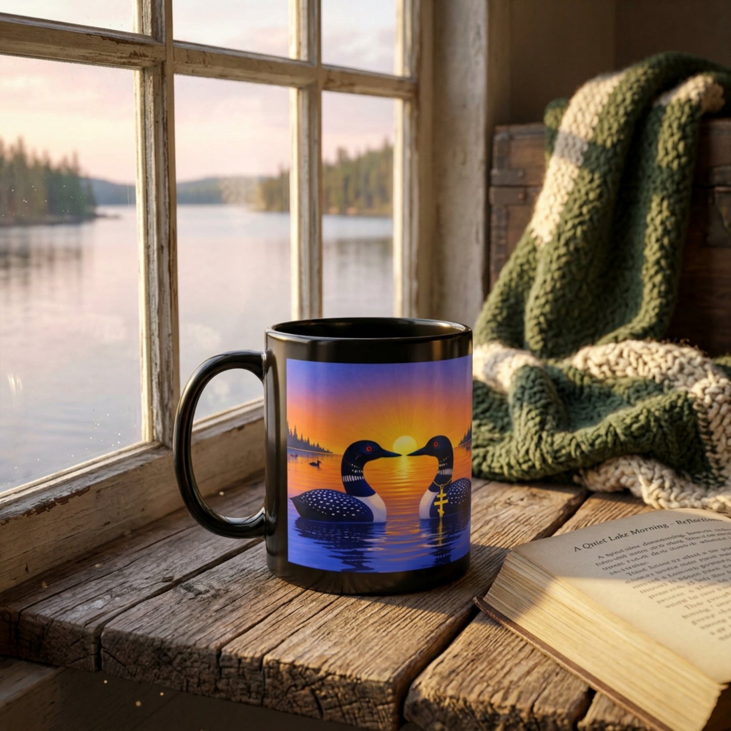 Mug with sunset design on a windowsill with a view of a lake.