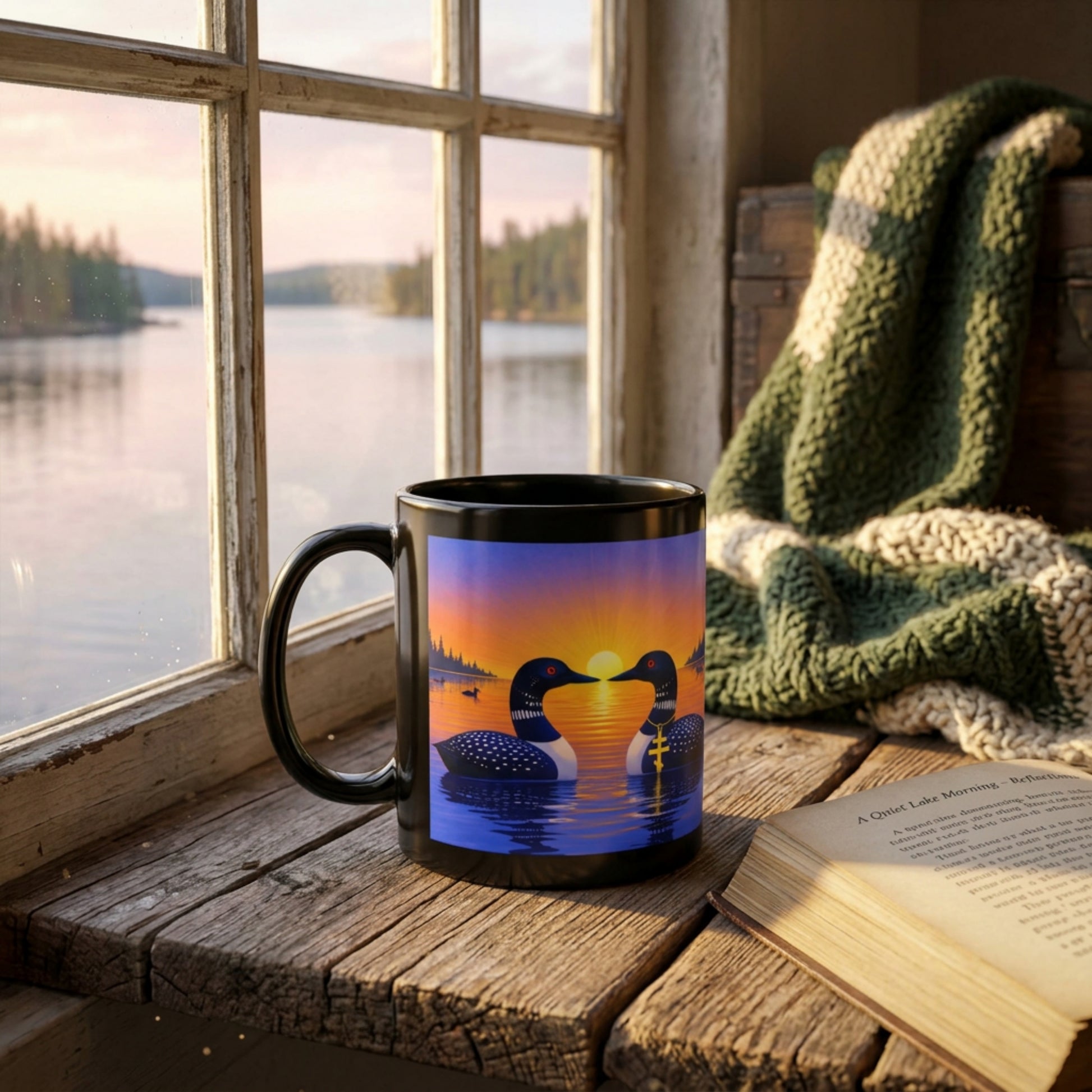 Mug with sunset design on a windowsill with a view of a lake.