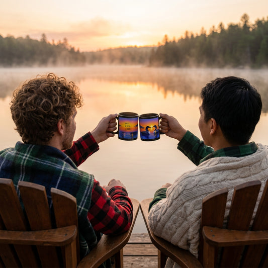 Two people sitting by a lake at sunset, holding mugs with  the sunrise loon scenic designs.