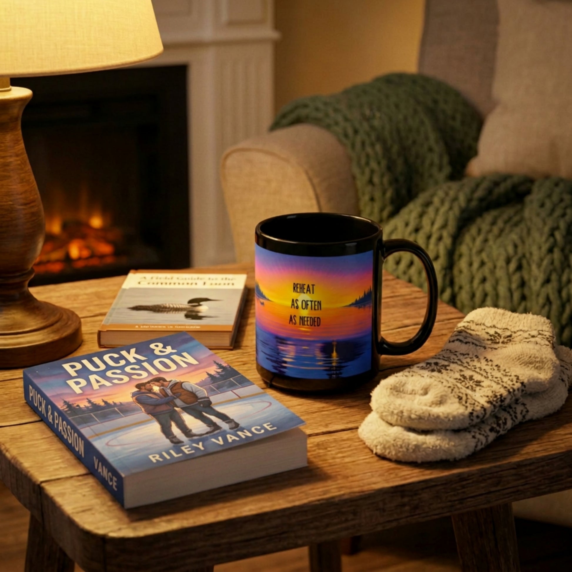 a cozy scene with a romance novel on a table, alongside a mug with "reheat as often as needed" text over a sunrise lake design.