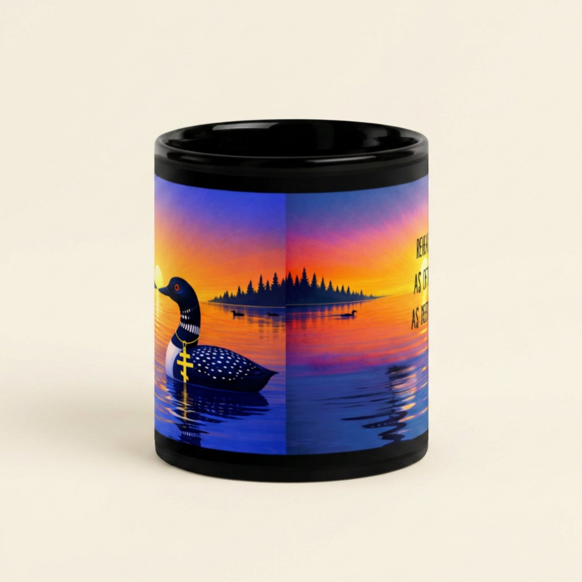 The middle section of the mug with a sunrise design featuring a partial view of a loon and text.