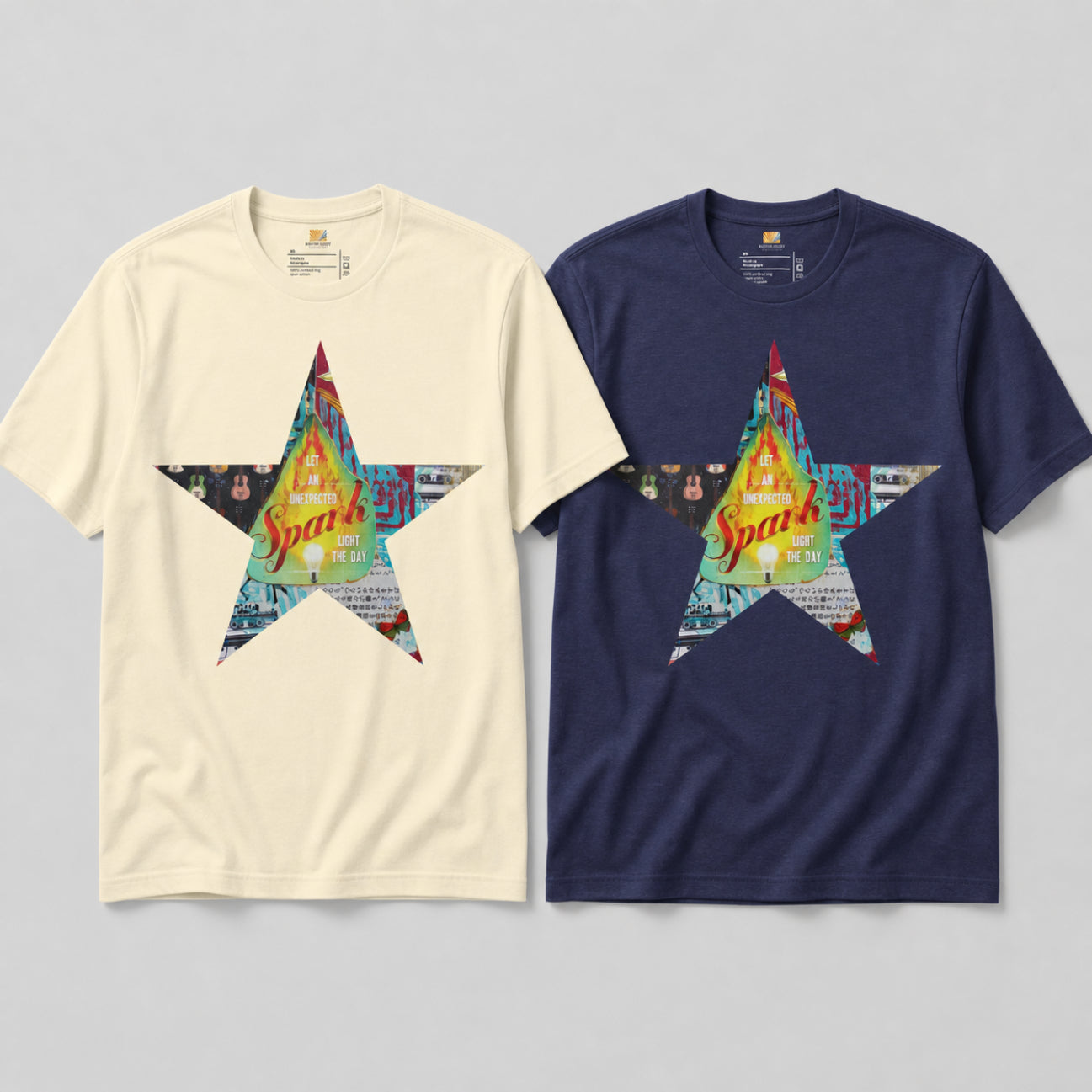 Two short-sleeve crewneck T-shirts displayed side by side on a light gray background. The left shirt is in Natural color and right shirt is in Heather blue color.
