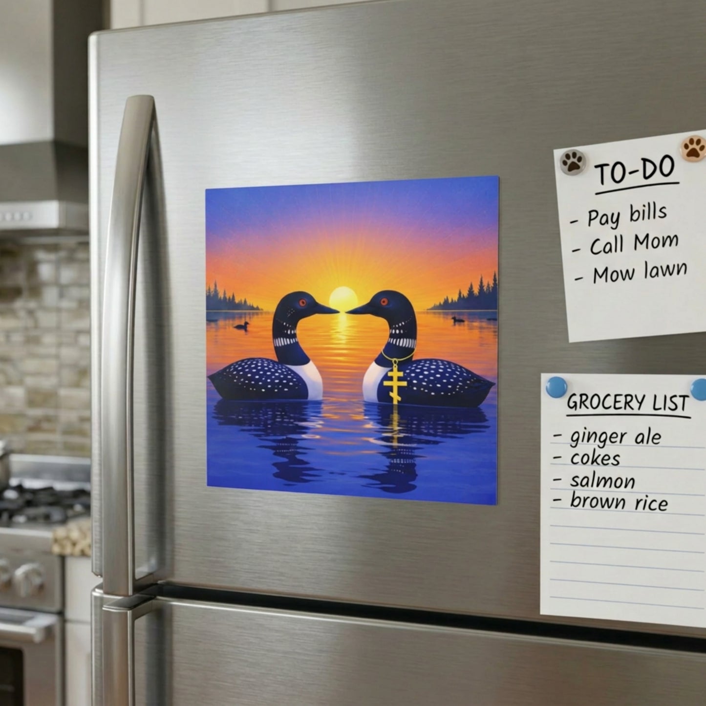 sunrise loon magnet placed on a refrigerator with other todo lists on it as well.