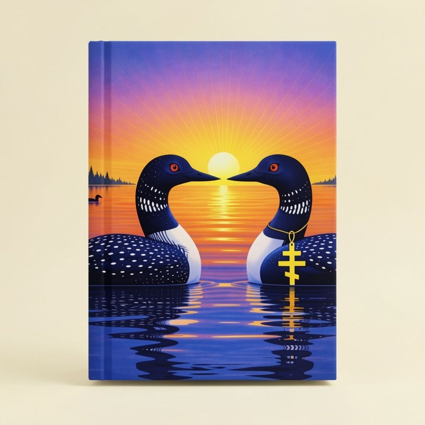 front cover image of a hardcover journal with two loons facing each other, floating on a lake with the colorful sunrise in the background.