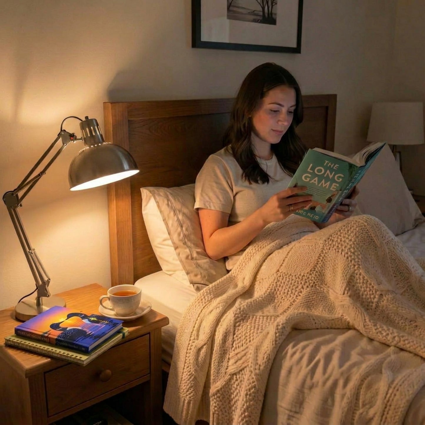 Woman reading a hockey romance book in bed with a warm lamp and cozy blanket and the journal is one the night stand.