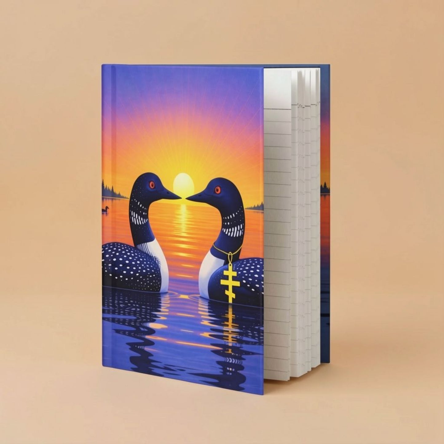 Notebook with a cover featuring two loons  connecting beaks in a heart shape against a sunrise sky background. Journal is upright with it slightly open to show lined pages inside