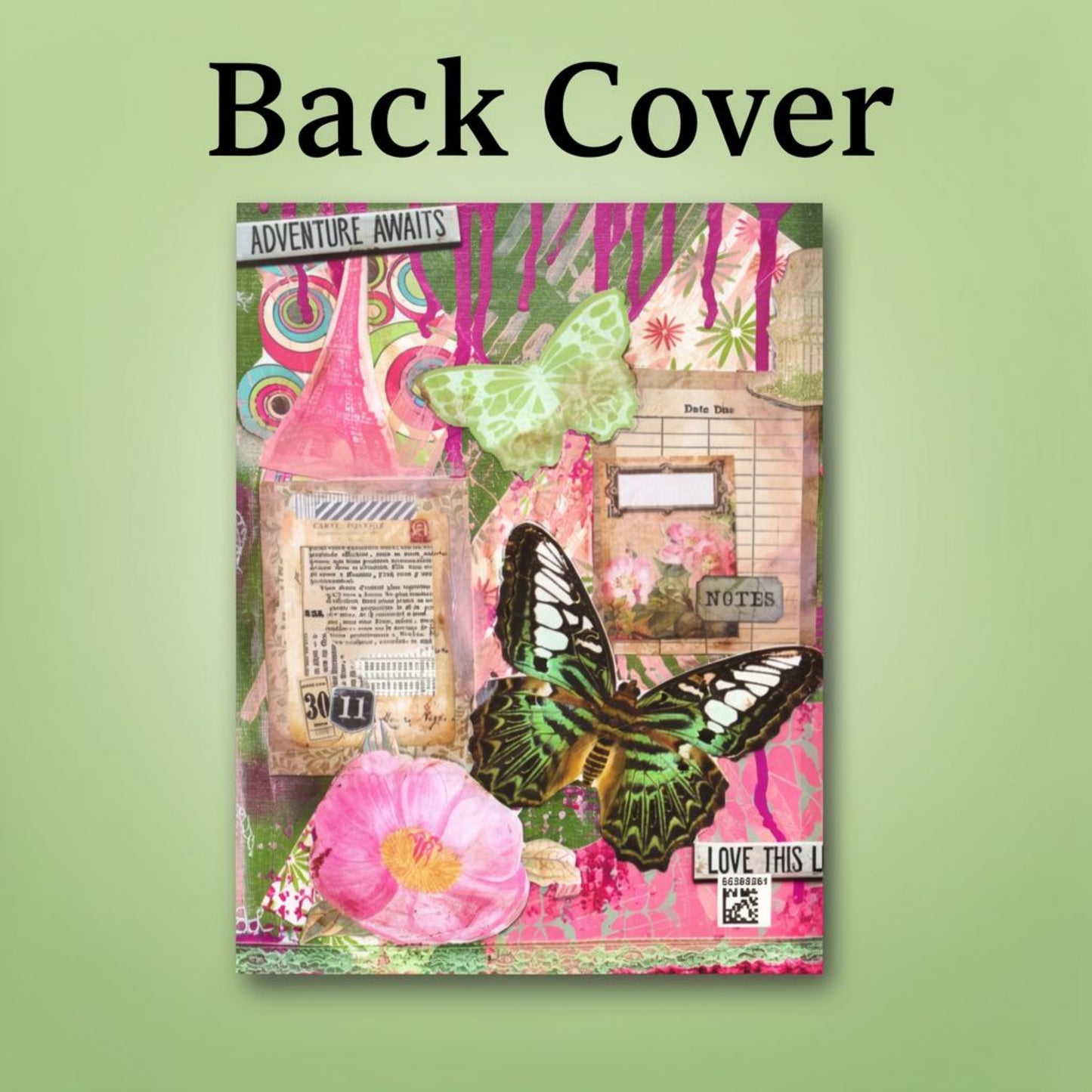 Back cover of the  Travel journal with adventure awaits text with mixed media artwork
