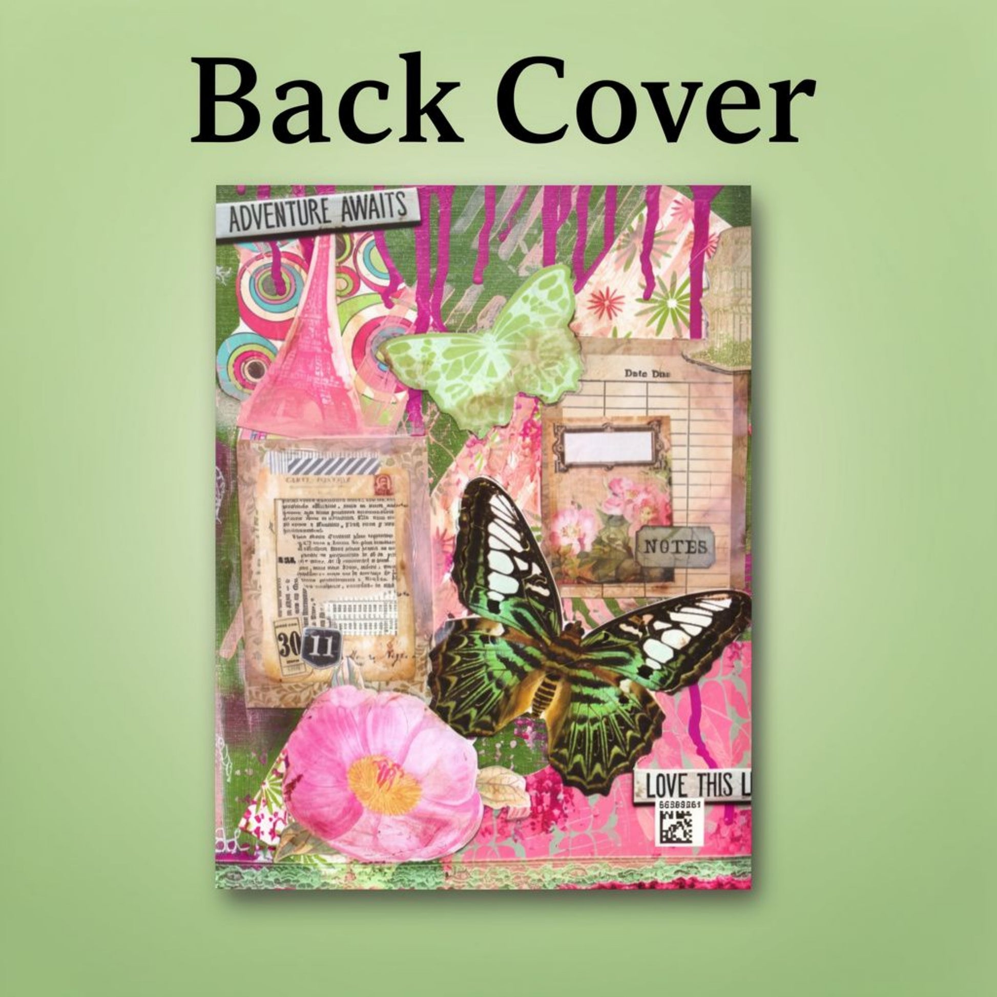 Back cover of the  Travel journal with adventure awaits text with mixed media artwork
