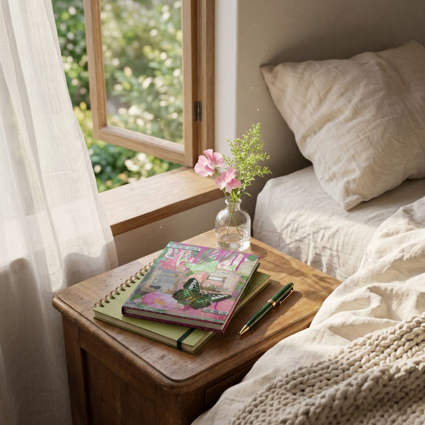 Notebooks and a pen on a wooden nightstand next to a bed with pillows and a blanket.