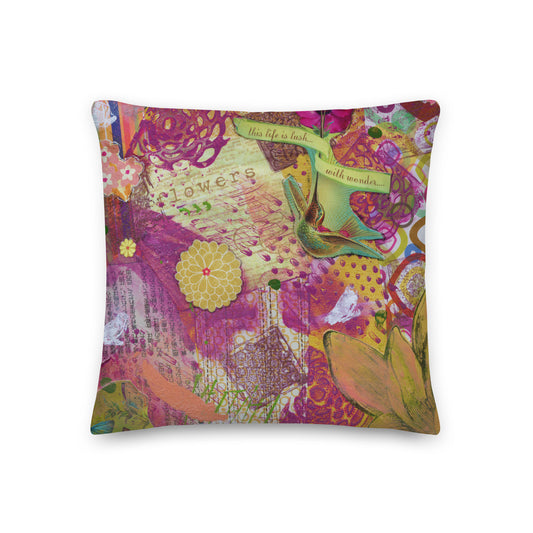 Floral hummingbird 18x18 throw pillow with colorful layered pillow art and a soft linen-feel finish.