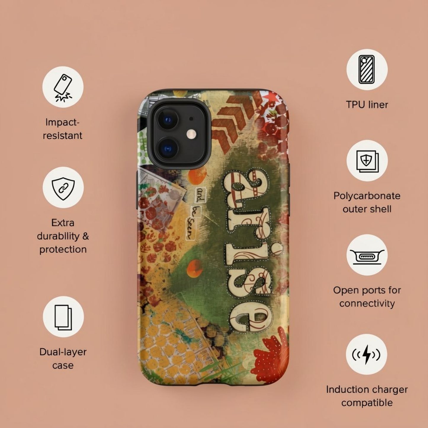 Phone case with decorative design on a beige background, featuring durability and compatibility icons.