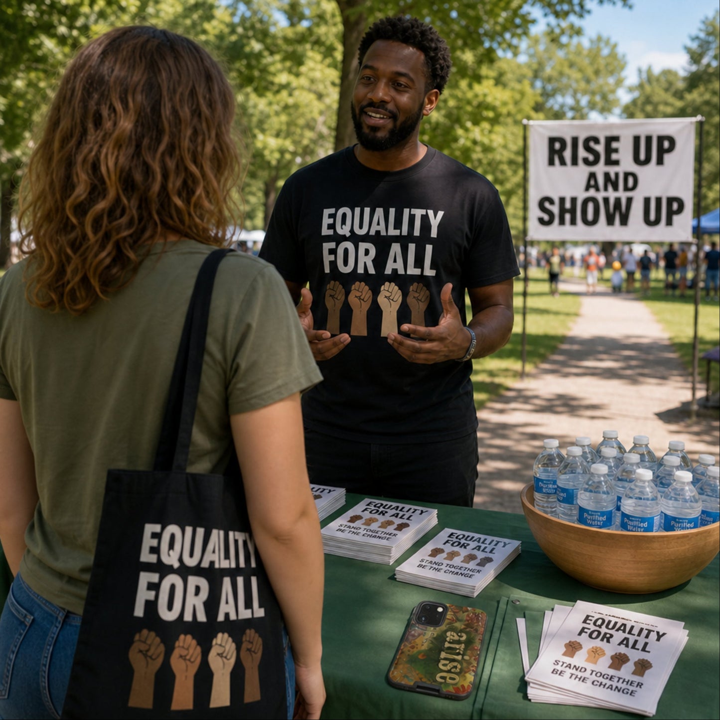 Person wearing a 'Equality for All' shirt engaging with another person at an outdoor event with promotional materials and the Arise and Be Seen artistic phone case on the table.