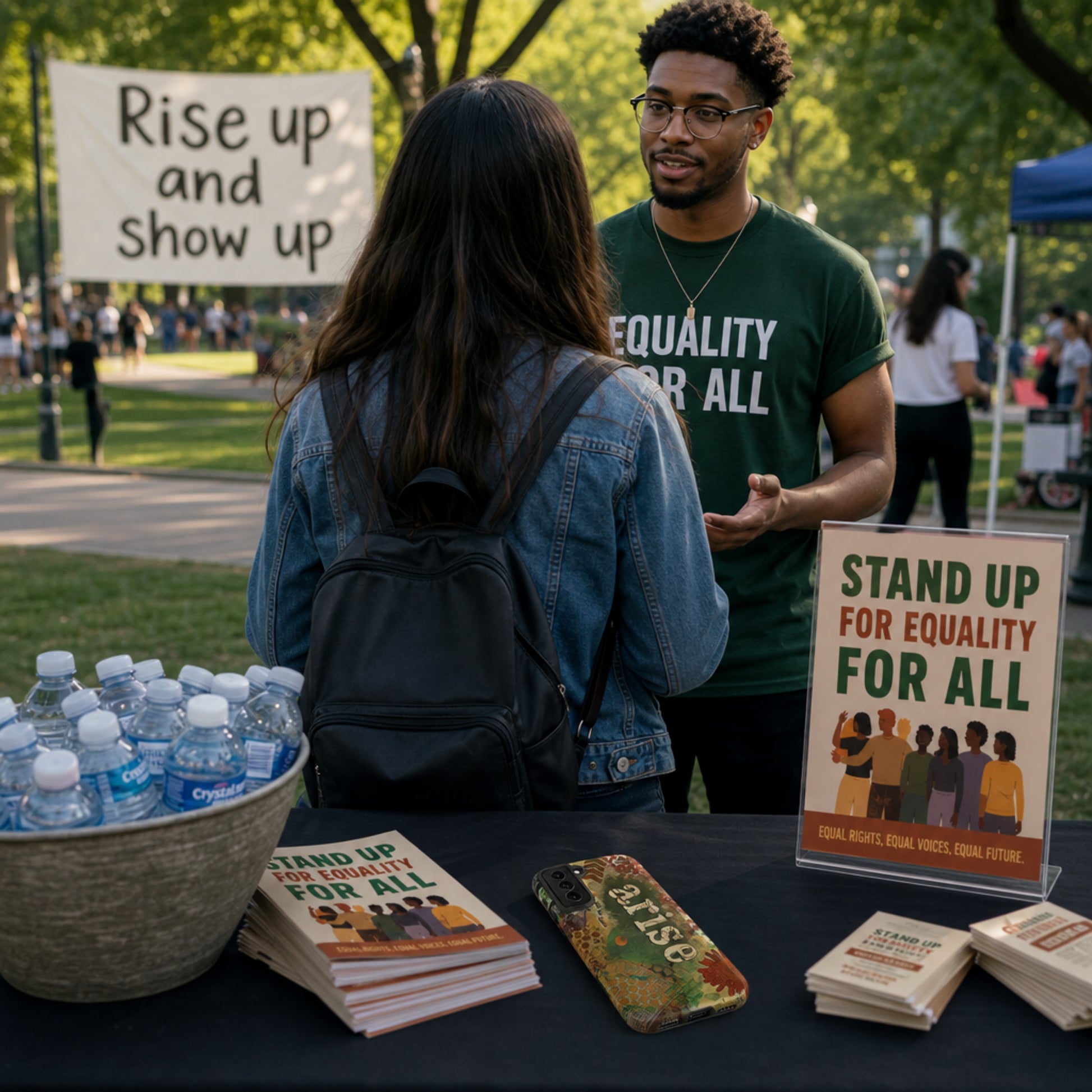 Two people engaging in conversation at a table with promotional materials, and signs and the bold art phone case with colorful texture is on the table  in an outdoor setting.