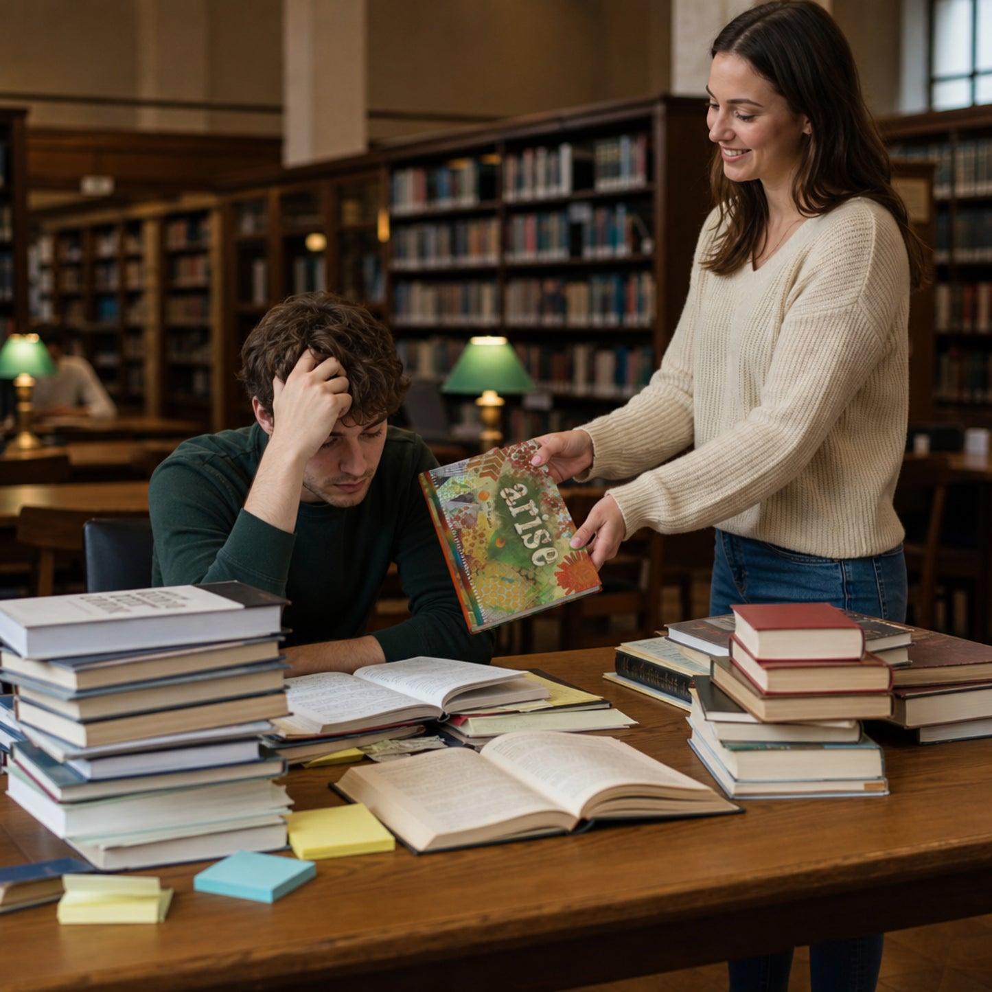 A woman handing the journal to an overwhelmed student in a library.
