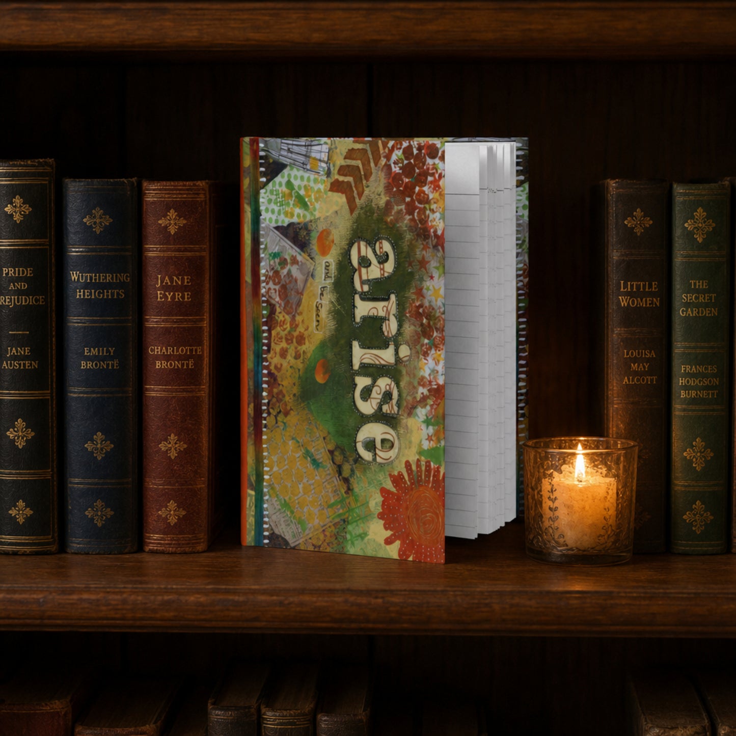 Notebook titled 'Arise' on a shelf with classic books and a lit candle