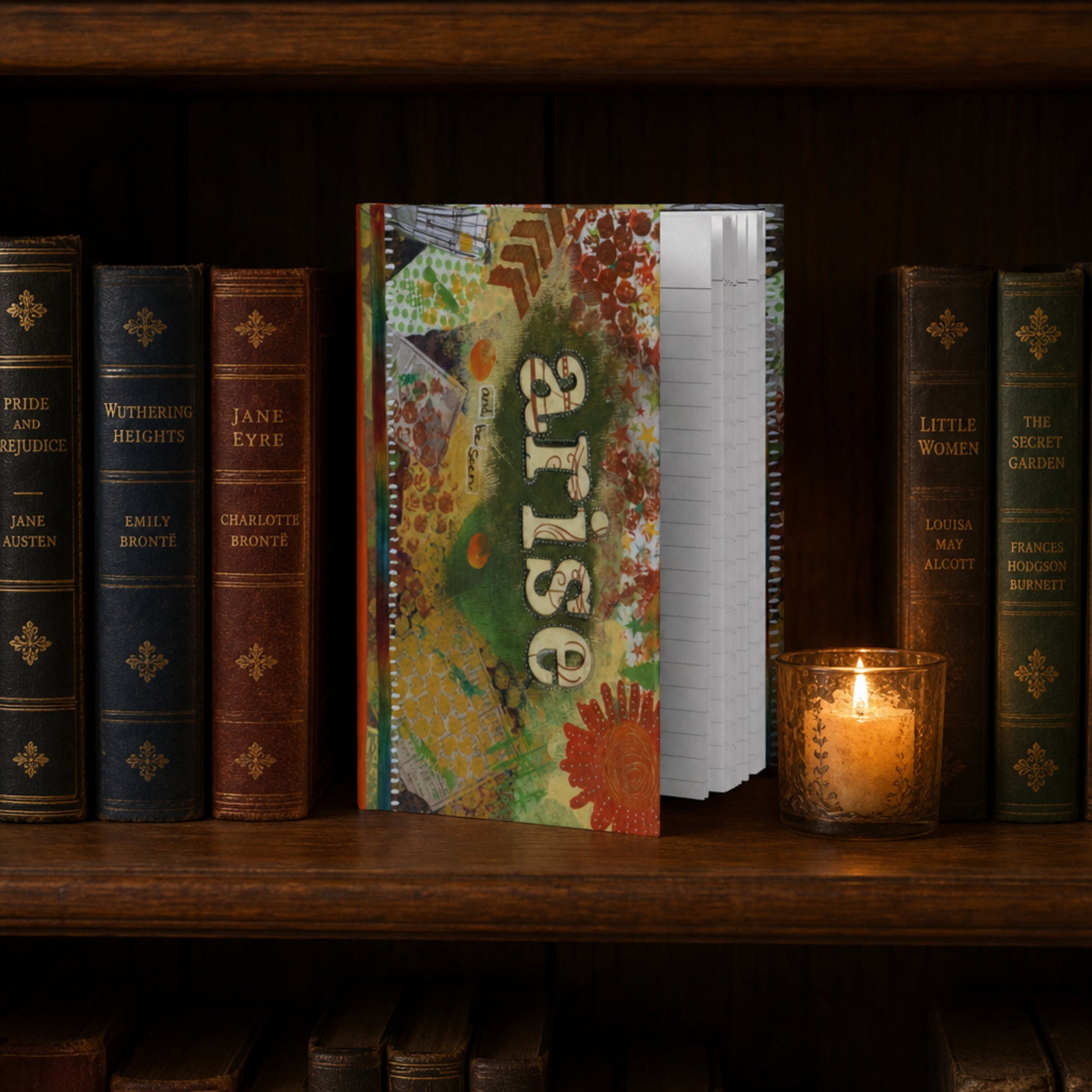 Notebook titled 'Arise' on a shelf with classic books and a lit candle
