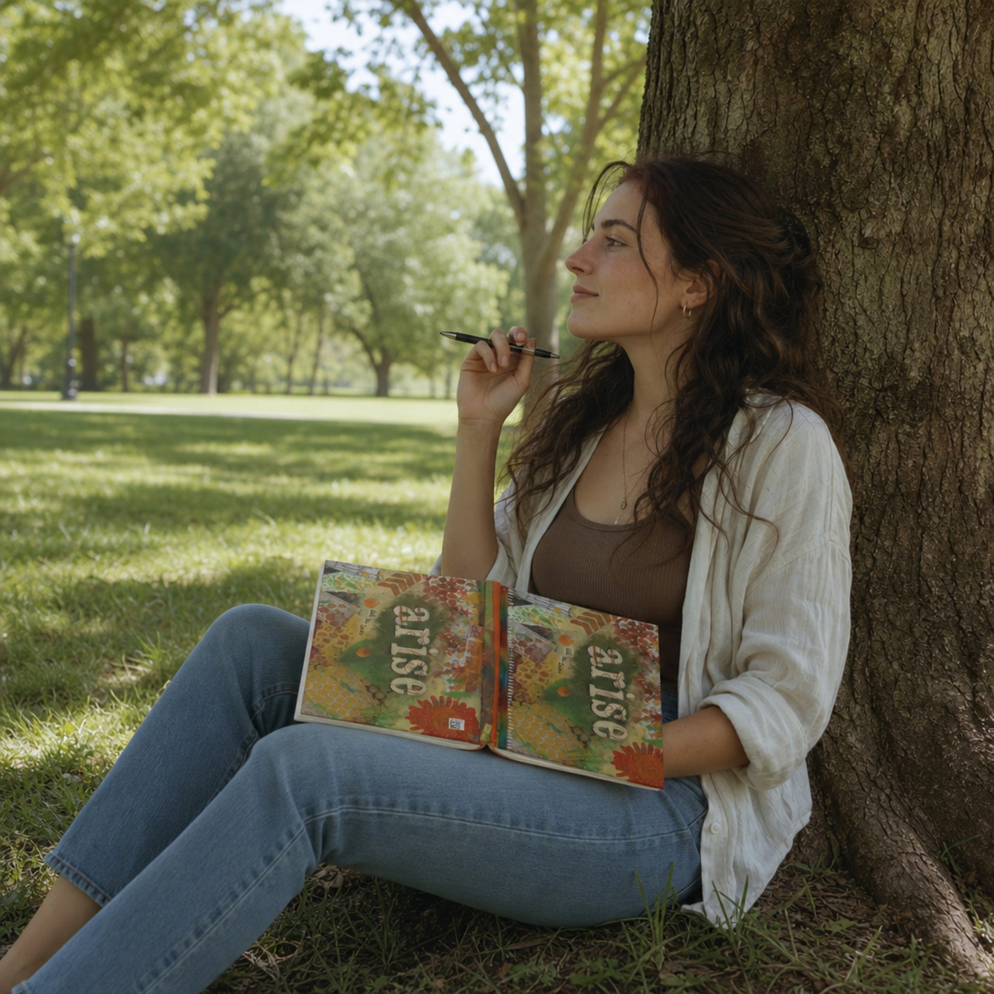 Woman sitting under a tree in a park, reflective journaling in her Arise and Be Seen hardback journal.


