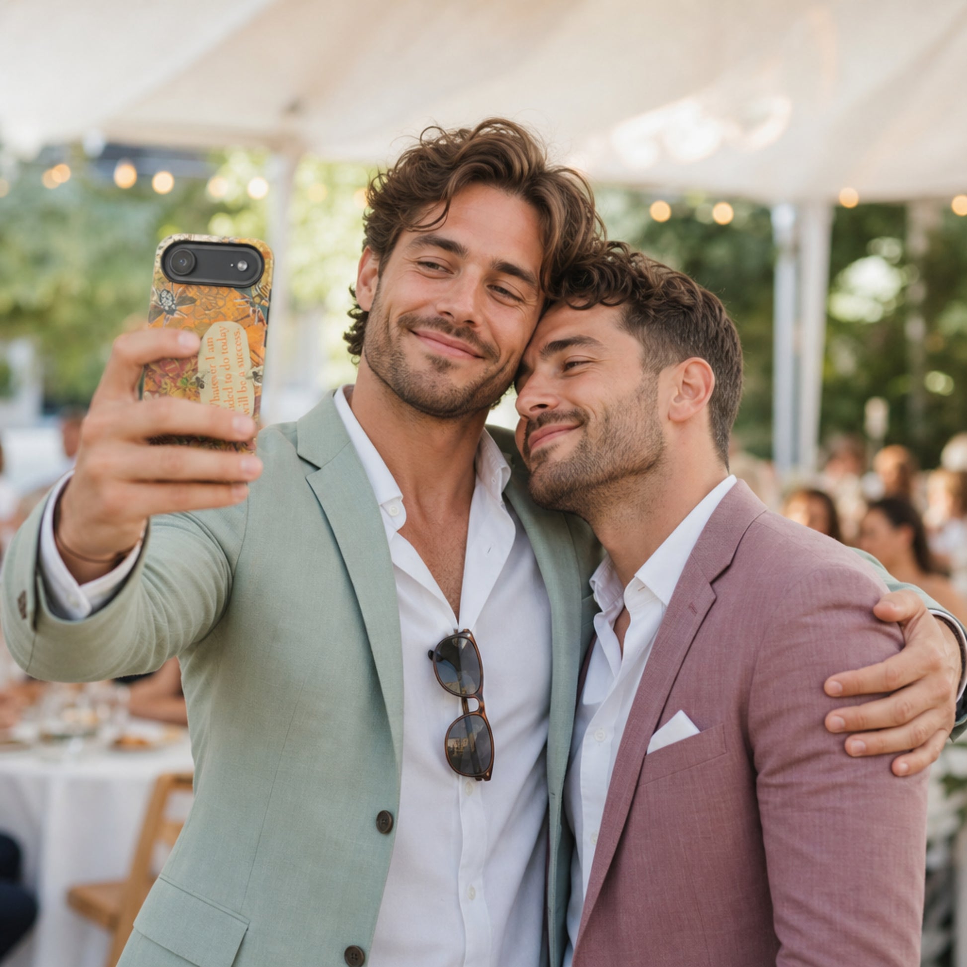 Two men taking a selfie at an outdoor event with a tent and greenery in the background.
