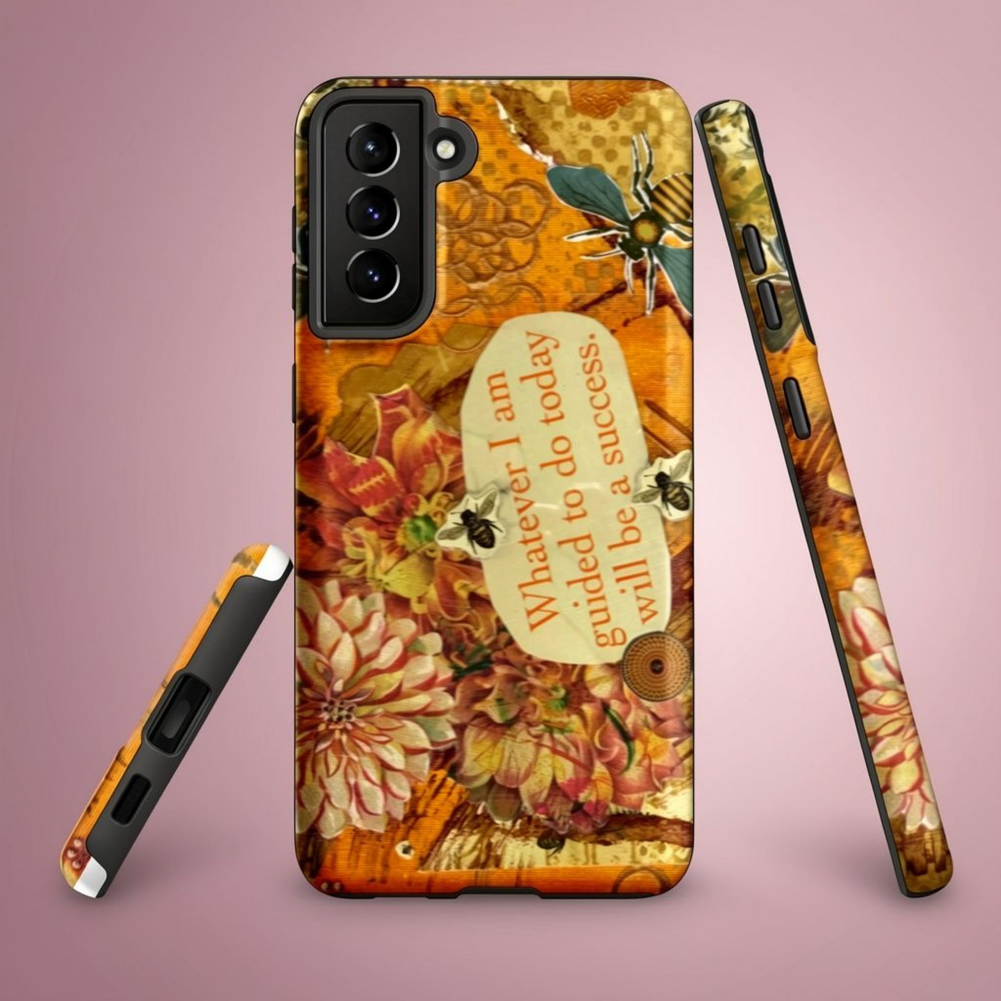 View of side, front and bottom of the bee phone case with honey bee artwork
iPhone case with floral design and motivational quote on a pink background
