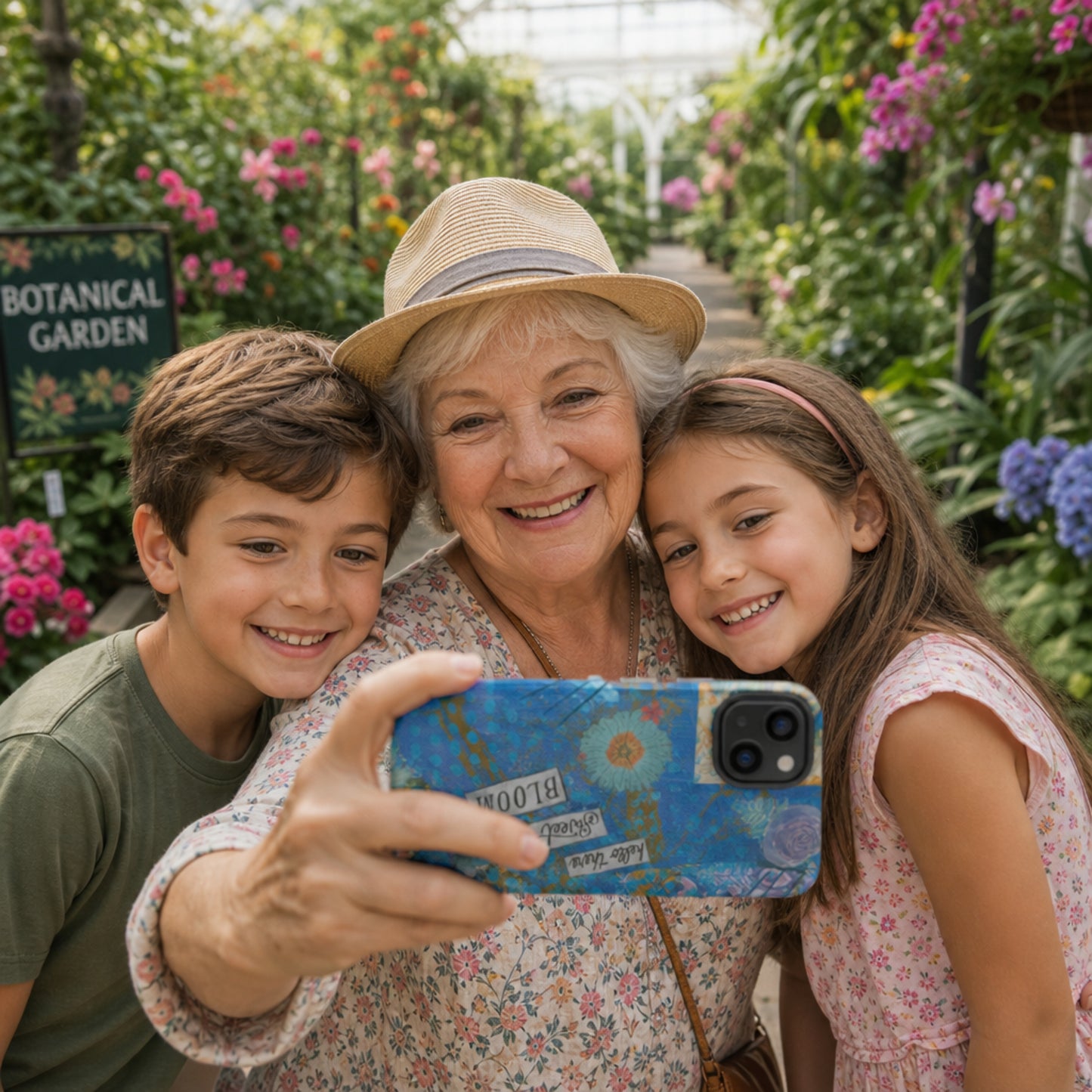 A grandma and grandkids taking a selfie with the blue floral phone case with hello there sweet bloom quote
