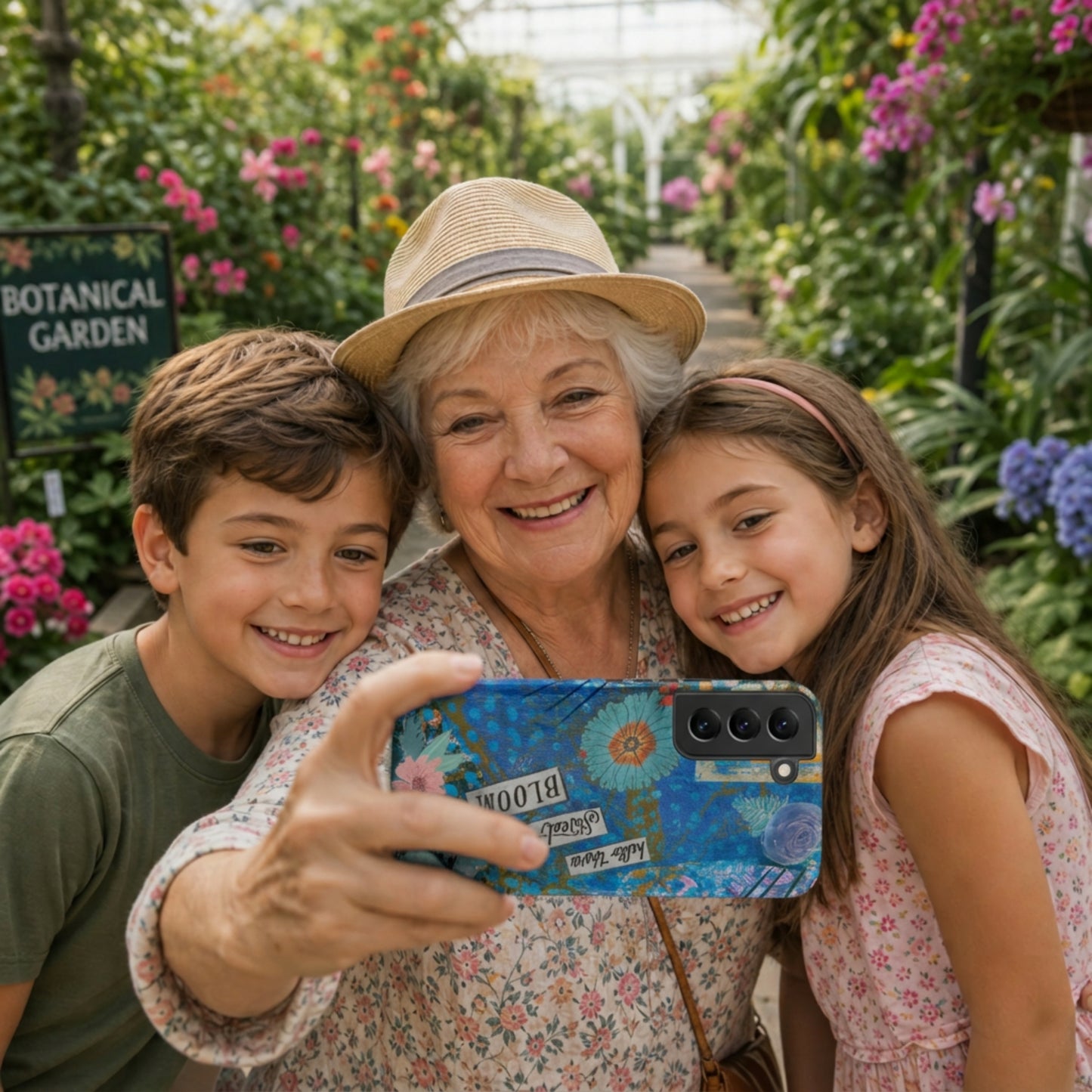 A grandma and grandkids are taking a selfie with the blue and pink floral Samsung case with peacock feather layers and a quote.