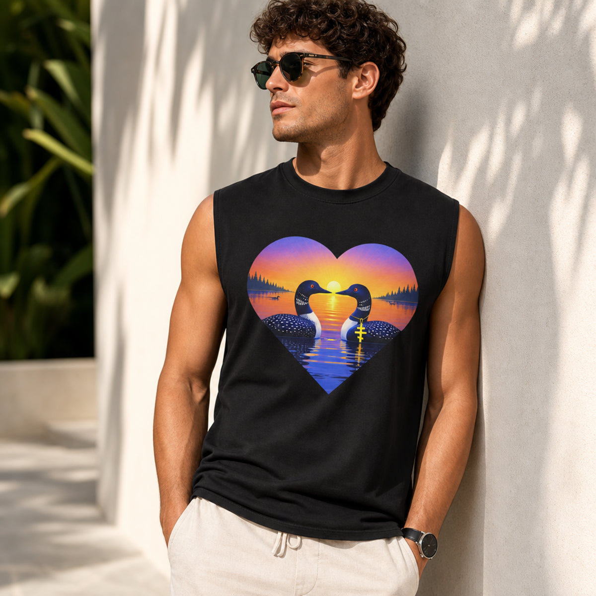 A man wearing a black sleeveless muscle tank top with a colorful heart-shaped graphic of two loons at sunrise, leaning against a sunlit concrete wall.