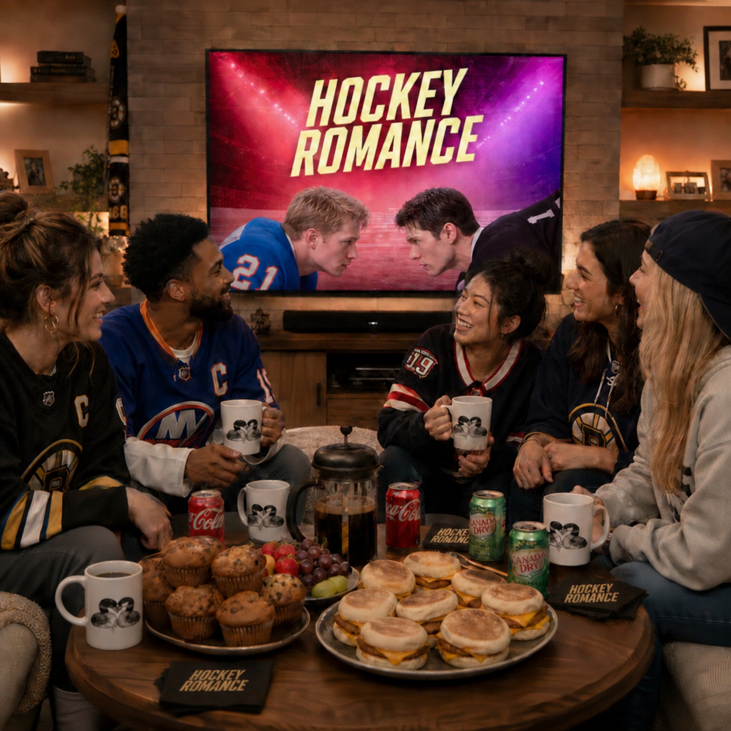 Group of people watching 'Hockey Romance' on TV with snacks and drinks, holding the loon ceramic latte mugs.