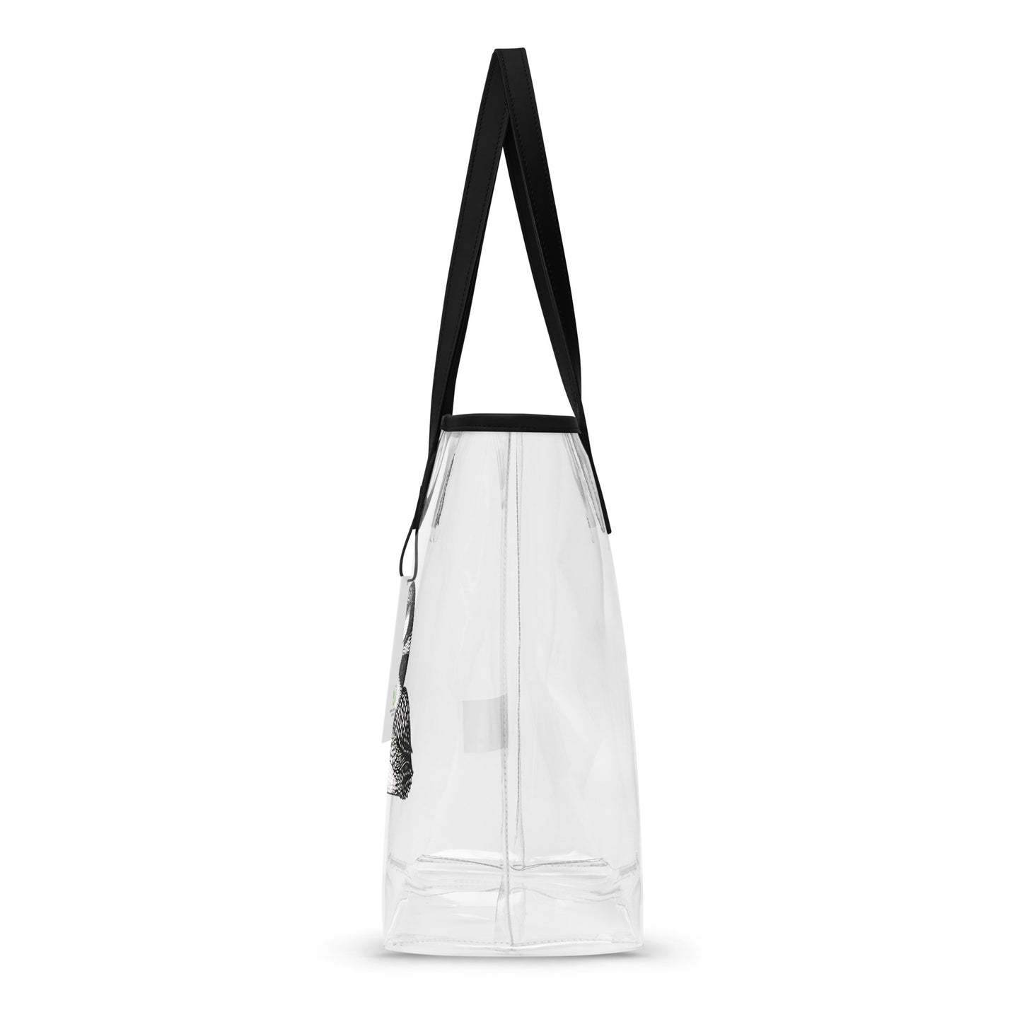 Other Side view of the black and white loons heart tpu clear tote bag, showing the well stitched seams.