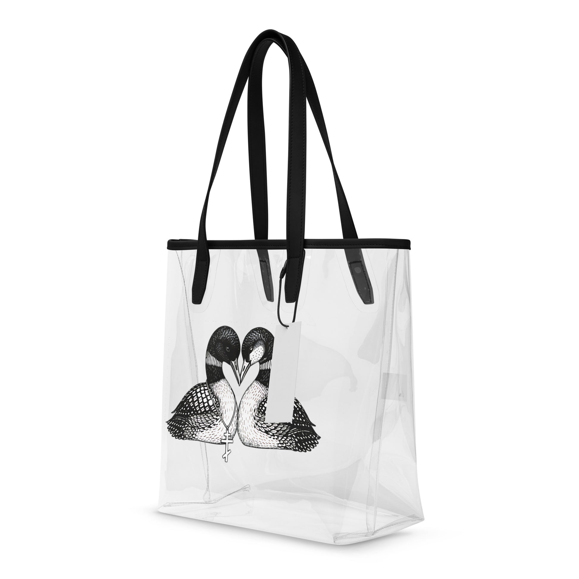 Other side view of black and white loons heart tpu clear tote bag.
