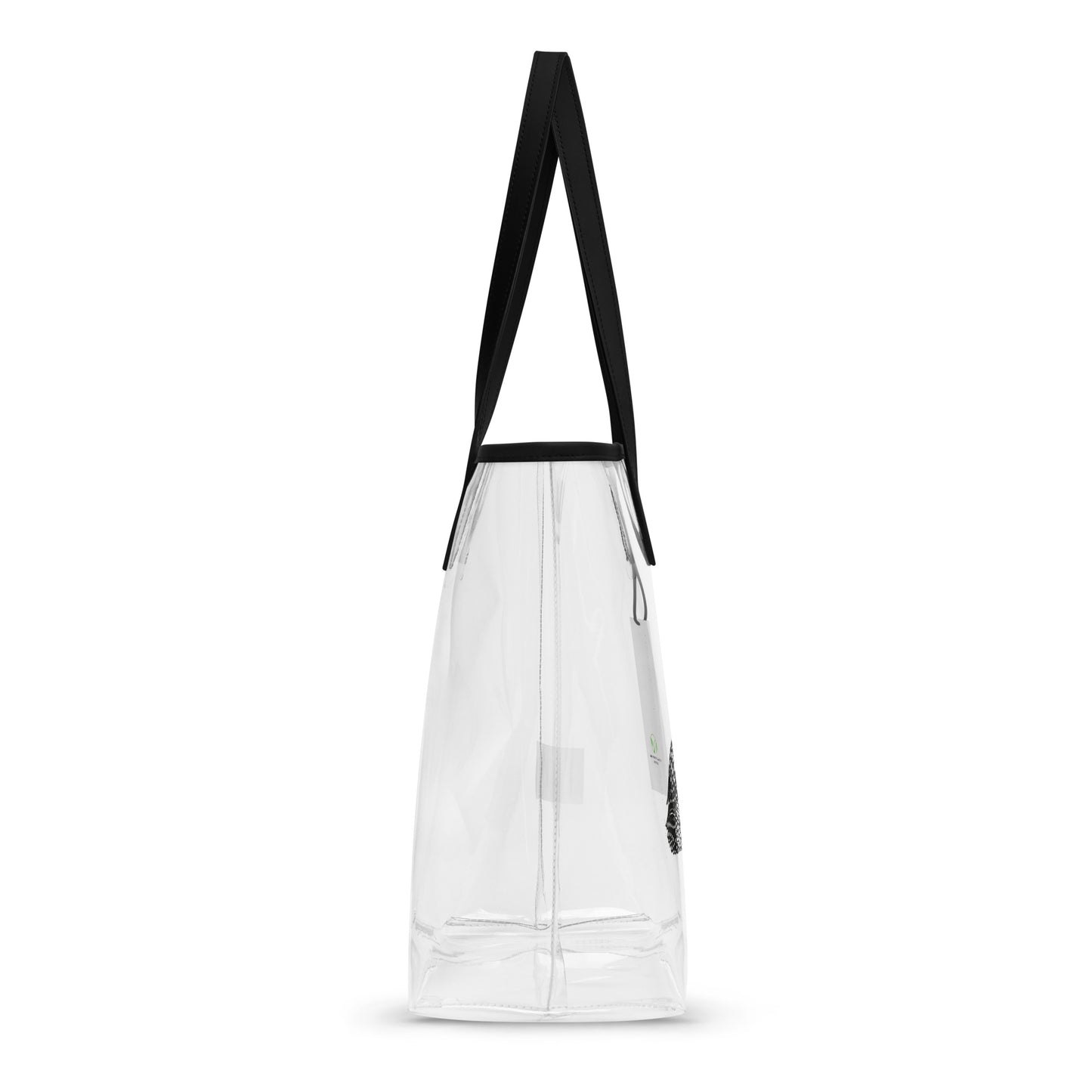 Side view of the black and white loons heart tpu clear tote bag, showing the well stitched seams.