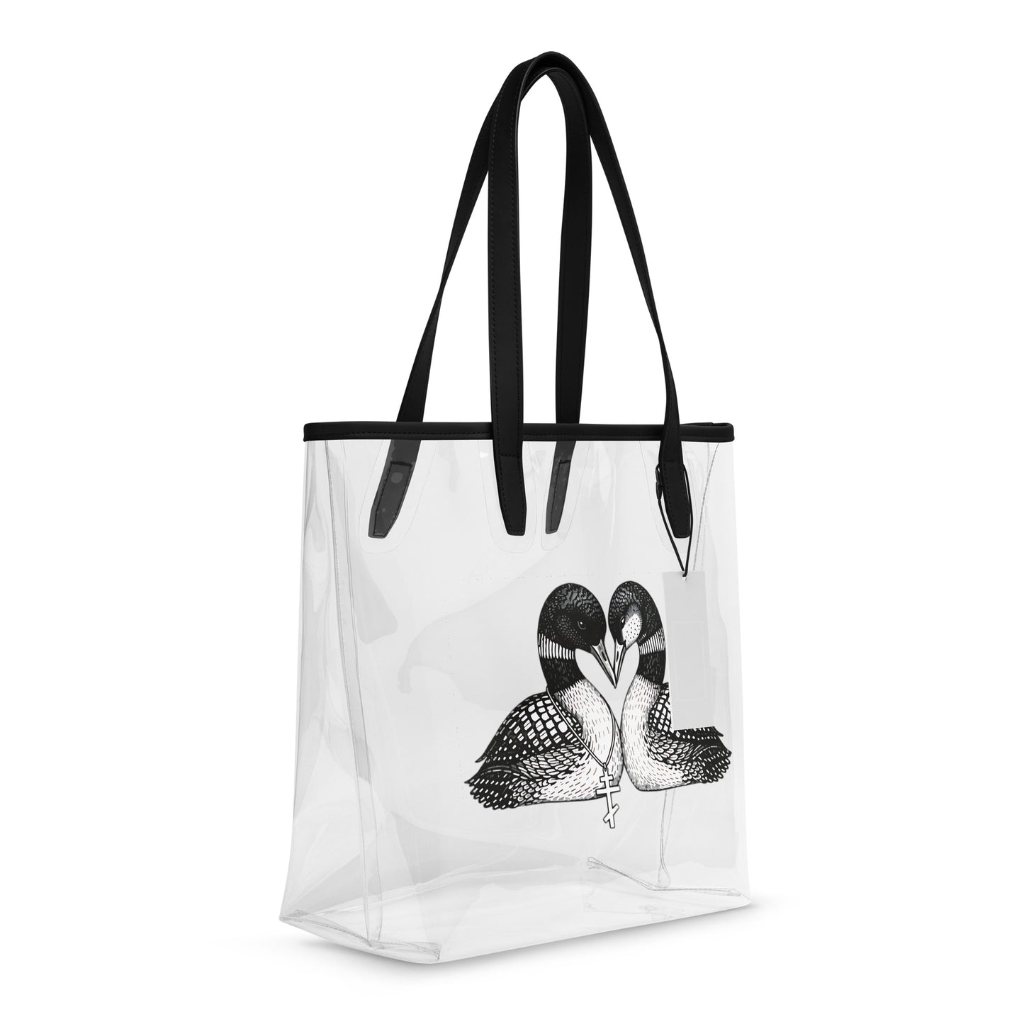 side front view of black and white loons heart tpu clear tote bag.