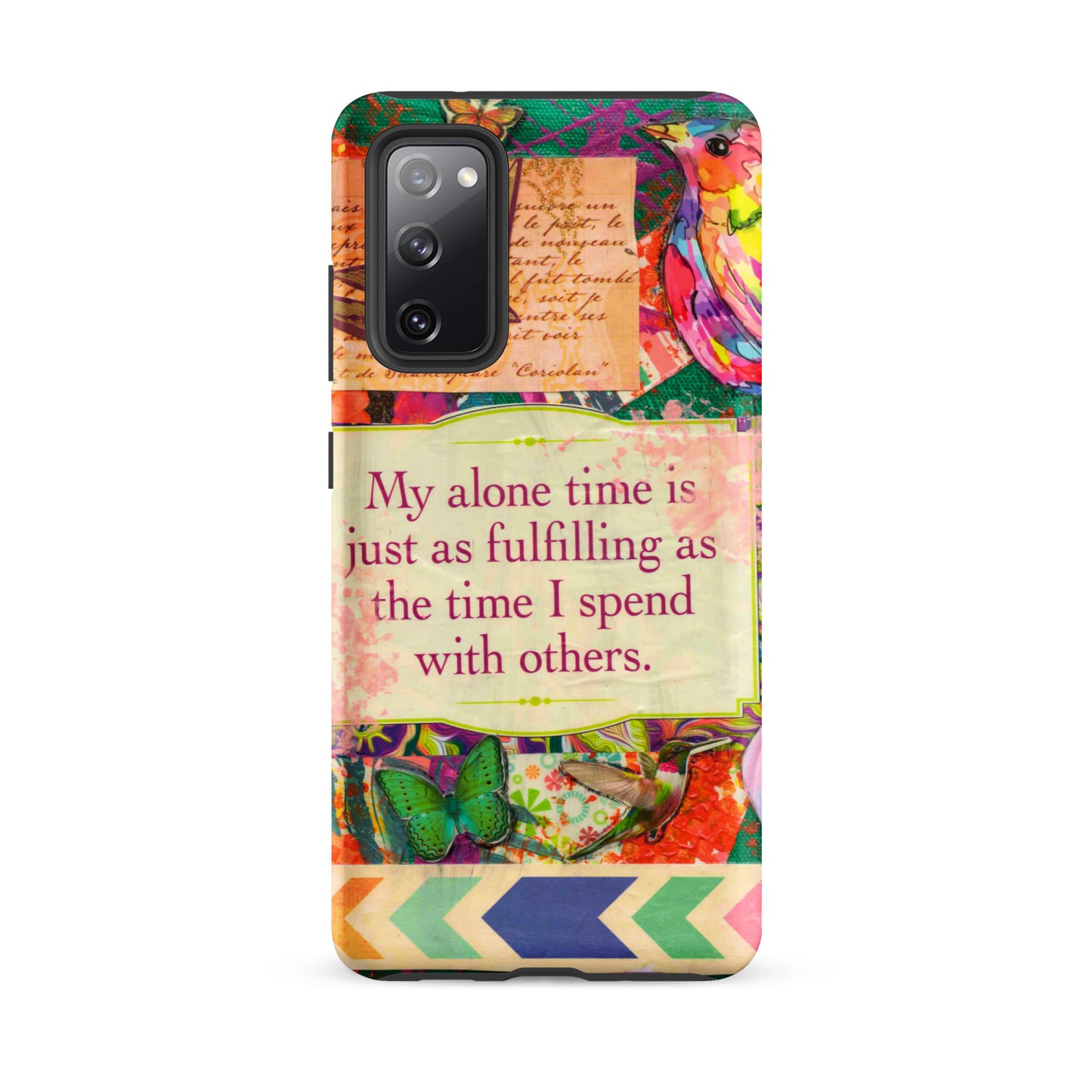 Colorful phone case with floral design and motivational quote on a white background