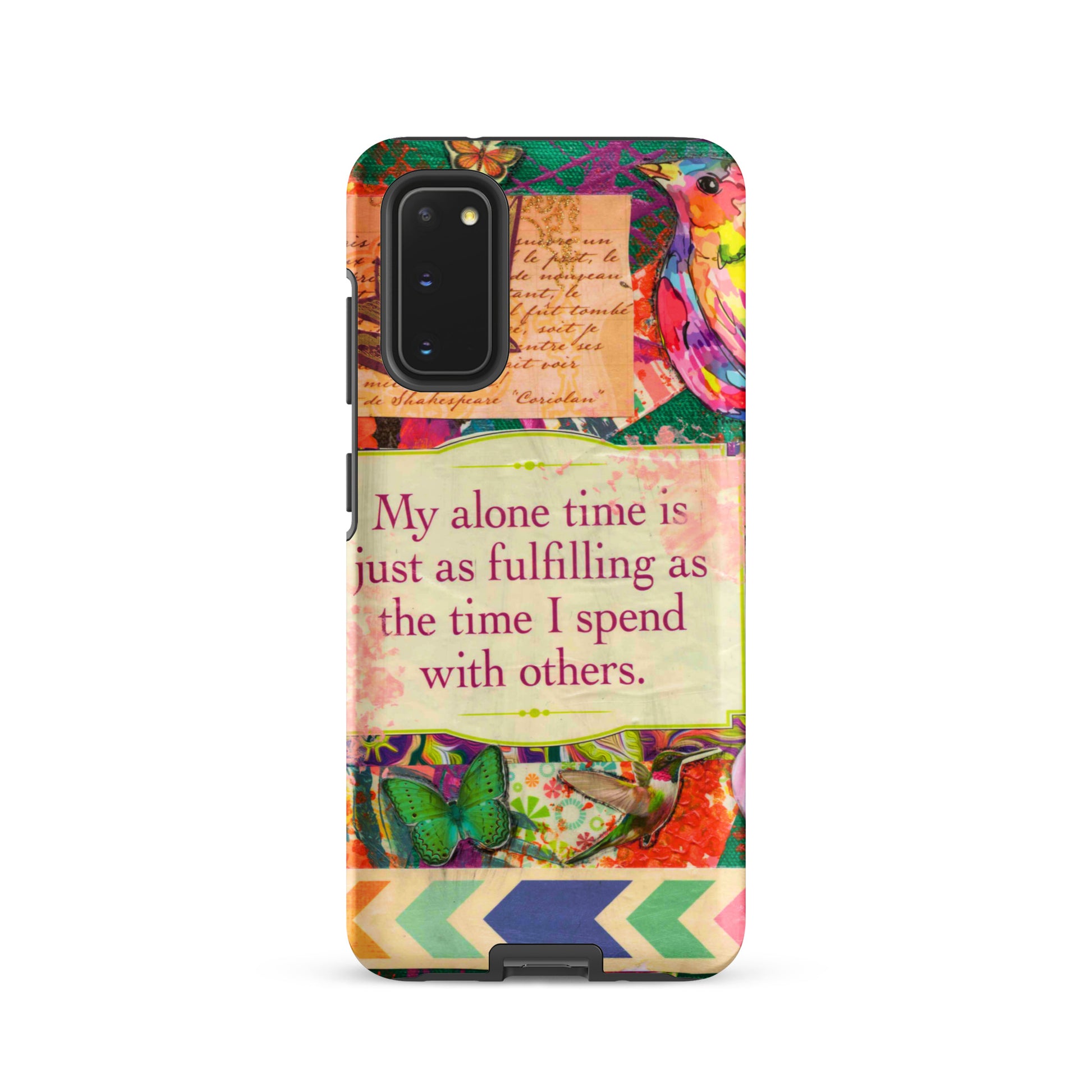 Colorful phone case with text and patterns on a white background