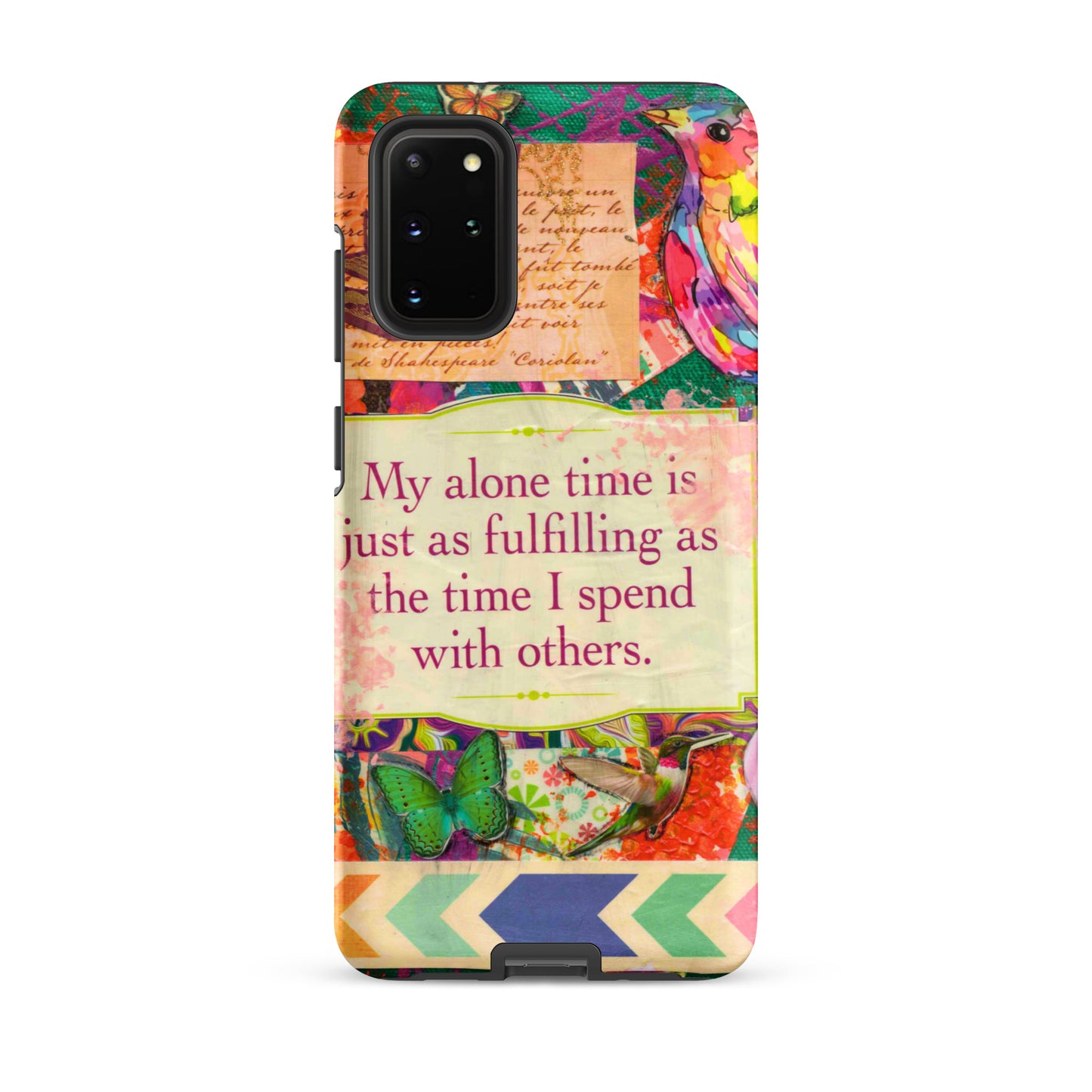 Colorful phone case with motivational quote and artistic design on a white background