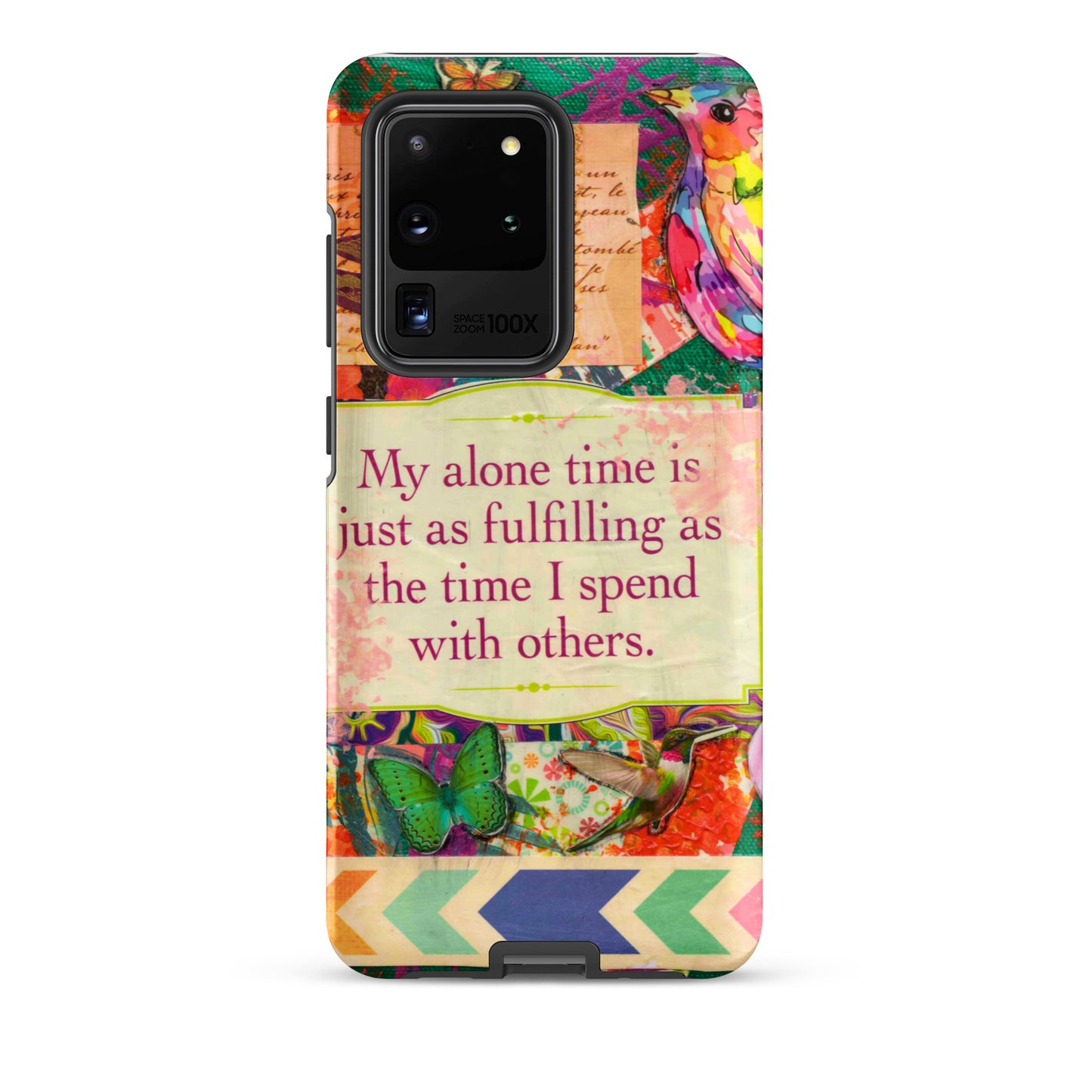 Colorful phone case with motivational quote and butterfly design on a white background